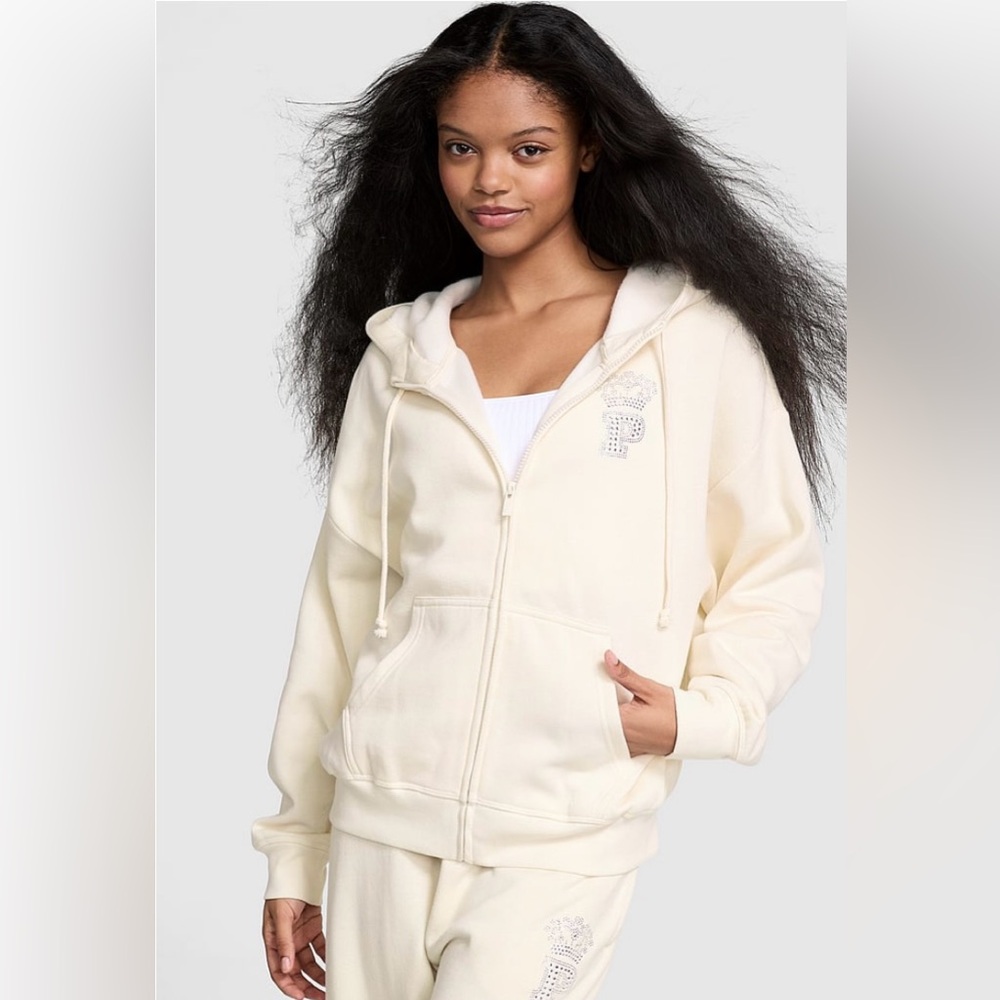 Pink Ivy Fleece Campus Full-Zip Hoodie Limited Edition White Shell Bling